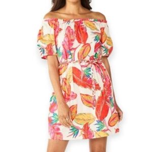 Nine West Colorful Pink Cream Off-Shoulder Dress with Leaf Print Sz.XXL EUC.